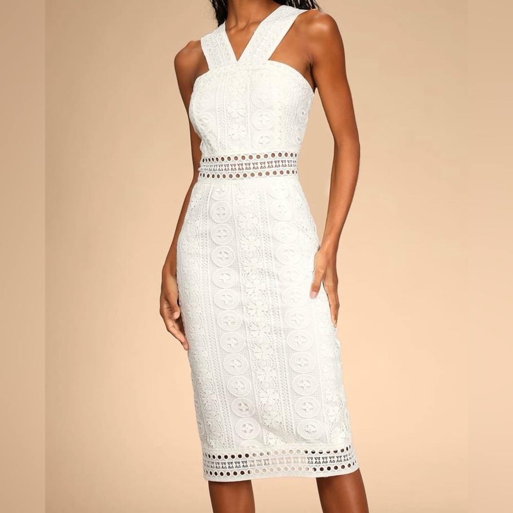 New Lulus Cocktail Ready Ivory Crochet Lace Midi Dress-Size XS